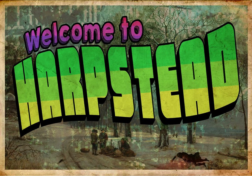 Image of a postcard that reads Welcome to Harpstead